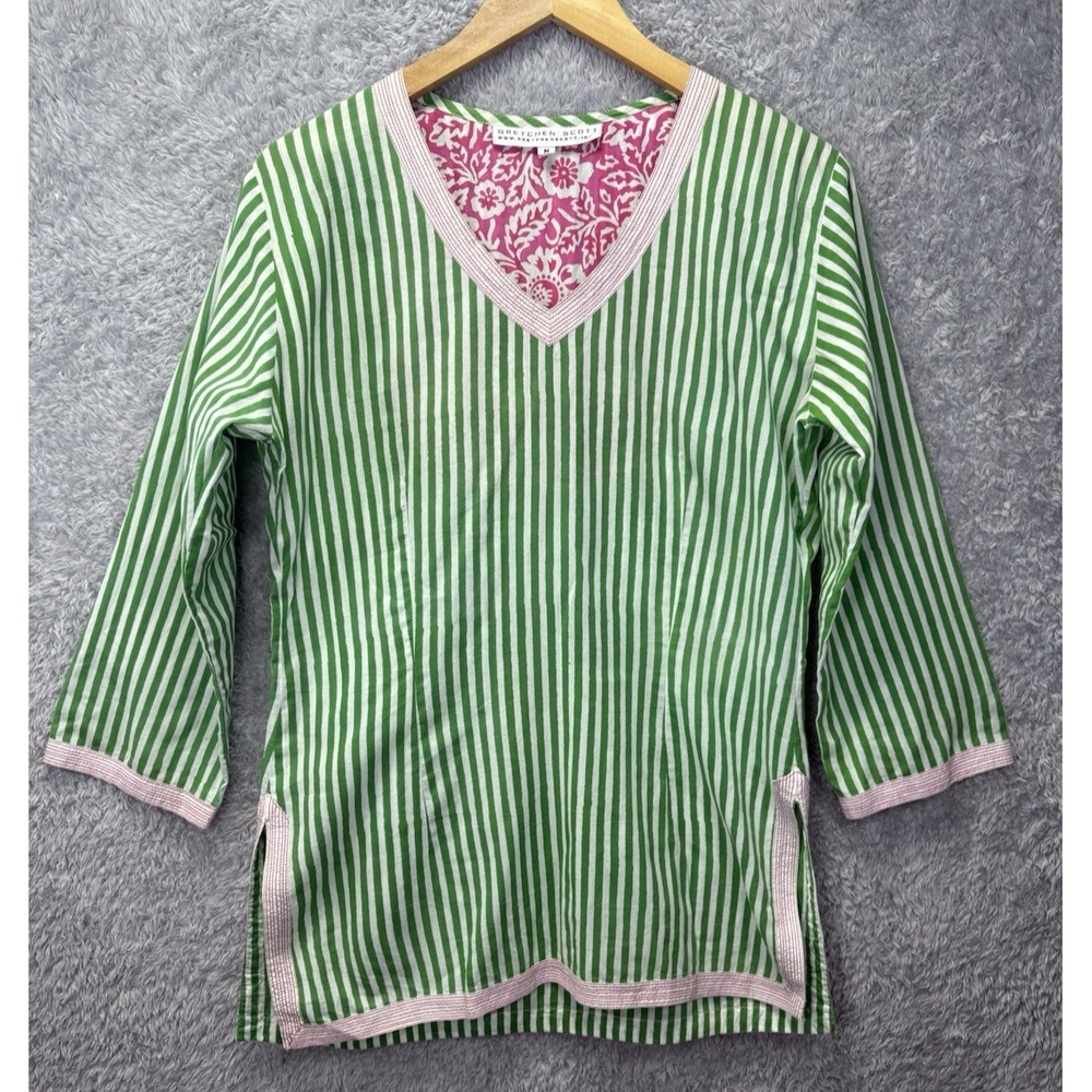 Gretchen Scott Womens M Green White Stripe Tunic Top Pink Trim V Neck 3/4 Sleeve